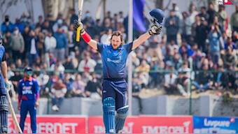 Jan Nicol Loftie-Eaton celebrates after scoring the fastest hundred in men's T20I. Image: Cricket Nepal
