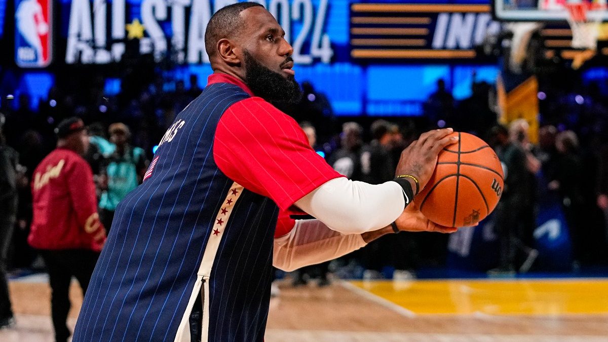Los Angeles Lakers forward LeBron James (23) warms up before the start of the NBA All-Star basketball game in Indianapolis. AP Los Angeles Lakers forward LeBron James (23) warms up before the start of the NBA All-Star basketball game in Indianapolis. AP