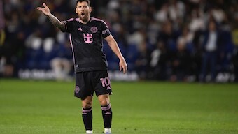 Lionel Messi gestures during the second half of Inter Miami's MLS match against LA Galaxy. AP