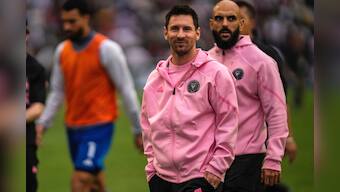 Lionel Messi (C) looks on after the first half of the friendly football match between Hong Kong Team and Inter Miami CF at the Hong Kong Stadium. AP