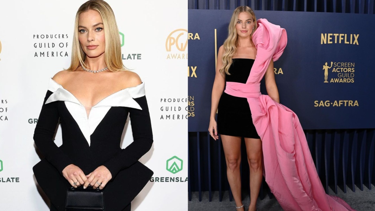 Margot Robbie dazzles in black and white Balmain mini dress at the Producers Guild Awards Margot Robbie dazzles in black and white Balmain mini dress at the Producers Guild Awards