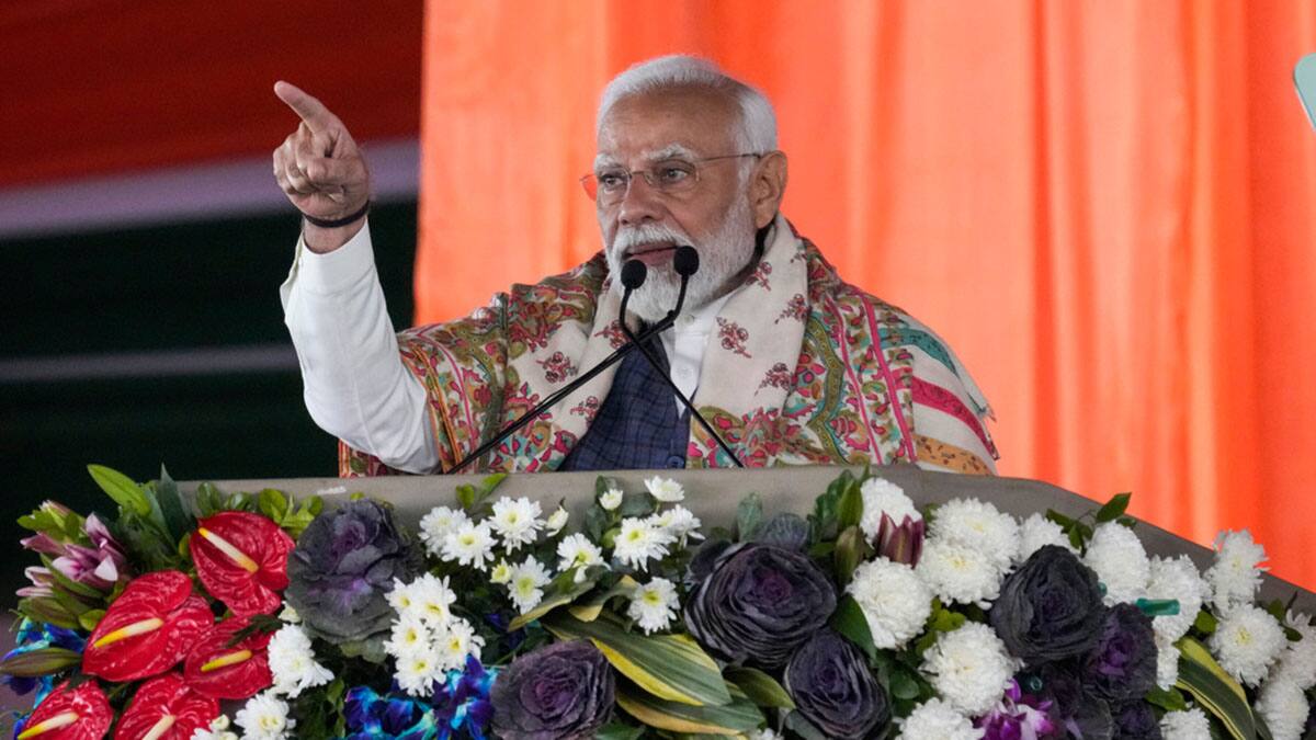(File) Prime Minister Narendra Modi addresses a public rally at the Moulana Azad Stadium during which he inaugurated several projects in Jammu and Kashmir, in Jammu, on 20 February, 2024. AP