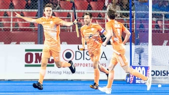 The Netherlands players celebrate Floris Middendorp's goal against India. Image credit: X/@FIH_Hockey