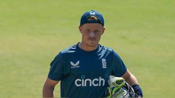 England batter Ollie Pope at a training session in Rajkot during the third Test against India. AP