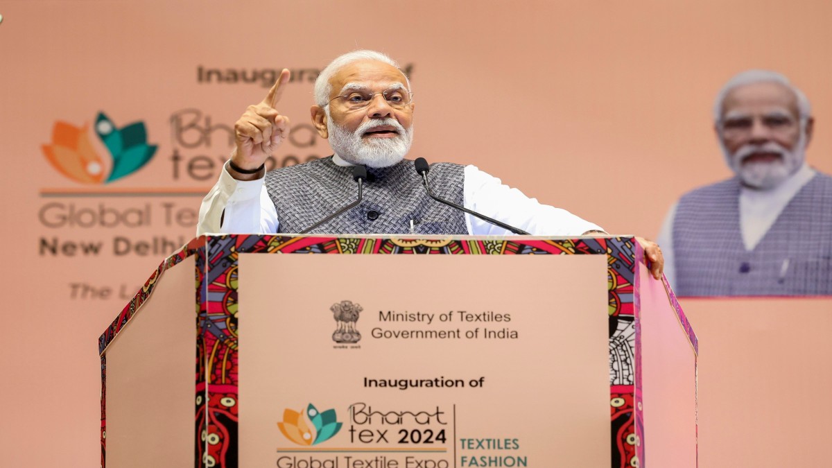 Prime Minister Narendra Modi speaks during the inauguration of Bharat Tex 2024, at Bharat Mandapam, in New Delhi, Monday, 26 February 2024. PTI Prime Minister Narendra Modi speaks during the inauguration of Bharat Tex 2024, at Bharat Mandapam, in New Delhi, Monday, 26 February 2024. PTI