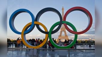 The Olympic rings are set up at Trocadero plaza that overlooks the Eiffel Tower in Paris. AP