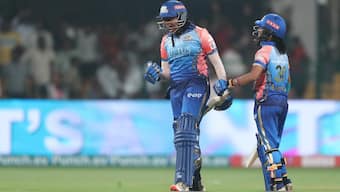 Sajeevan Sajana celebrates Mumbai Indians' victory with Amanjot Kaur during WPL 2024 opener vs Delhi Capitals. BCCI image
Photo by Arjun Singh / Sportzpics for WPL