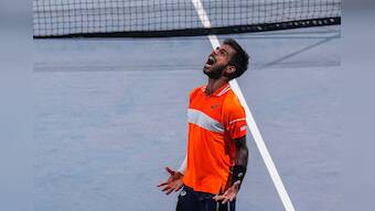 Sumit Nagal celebrates after winning the singles final of the ATP Challenger Chennai Open 2024 tennis tournament. PTI