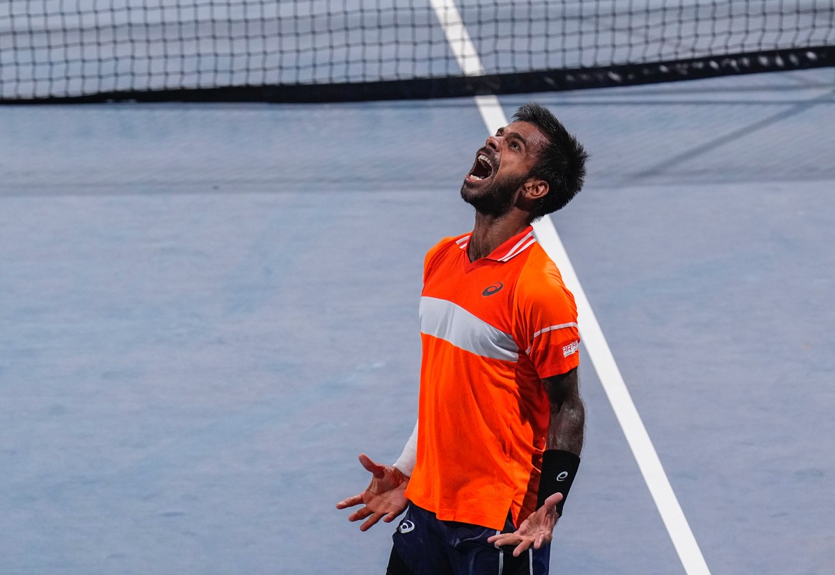 Sumit Nagal celebrates after winning the singles final of the ATP Challenger Chennai Open 2024 tennis tournament. PTI Sumit Nagal celebrates after winning the singles final of the ATP Challenger Chennai Open 2024 tennis tournament. PTI