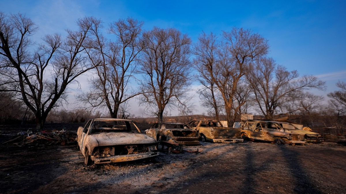 Charred vehicles sit at an auto body shop after the property was burned by the Smokehouse Creek Fire. AP Charred vehicles sit at an auto body shop after the property was burned by the Smokehouse Creek Fire. AP