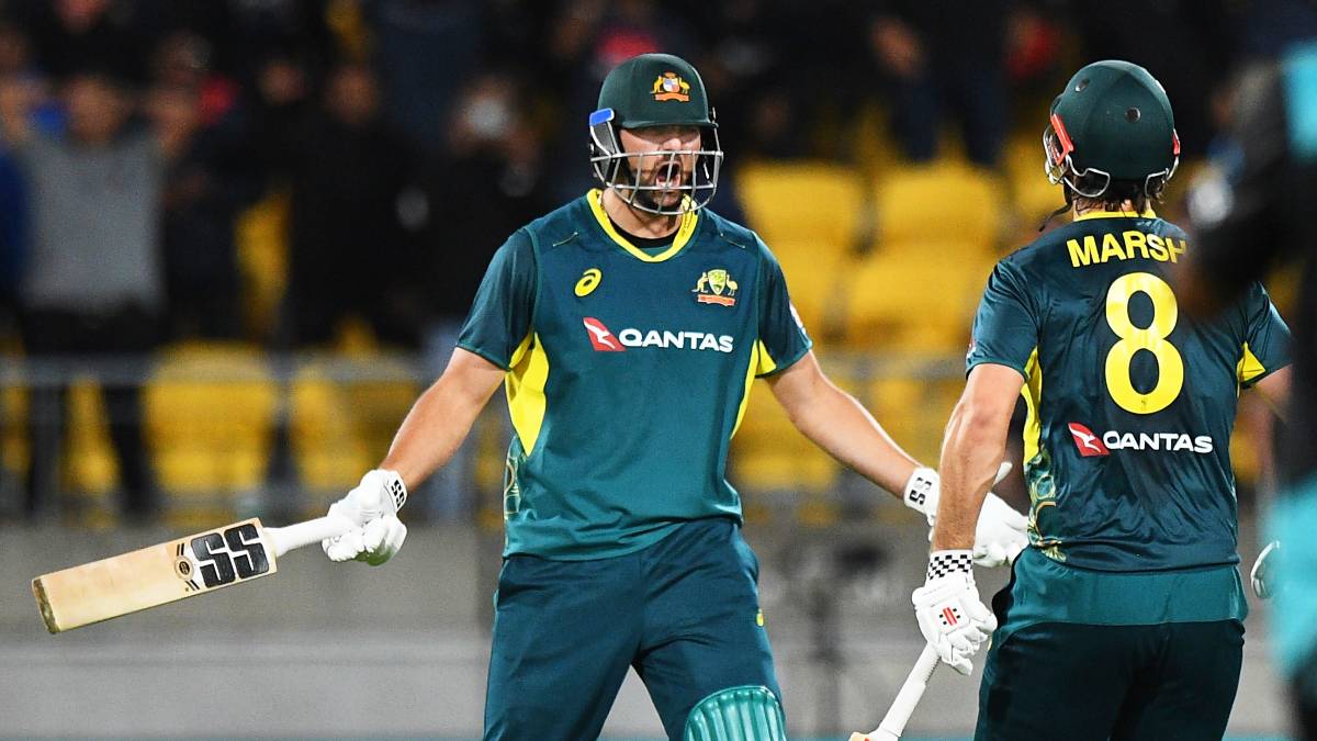 Australia all-rounder Tim David celebrates with skipper Mitchell Marsh after hitting the winning runs in the first T20I against New Zealand in Wellington. AP Australia all-rounder Tim David celebrates with skipper Mitchell Marsh after hitting the winning runs in the first T20I against New Zealand in Wellington. AP
