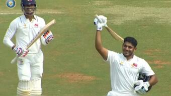 Tushar Deshpande celebrates after scoring a record-breaking hundred for Mumbai in Ranji Trophy. Image: JioCinema