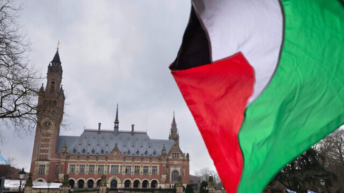 A Palestinian flag flies outside the United Nations' highest court during historic hearings in The Hague, Netherlands, February 21, 2024. AP A Palestinian flag flies outside the United Nations' highest court during historic hearings in The Hague, Netherlands, February 21, 2024. AP