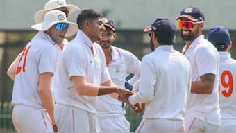 Nagpur: Vidarbha's bowler Yash thakur celebrates with teammates after taking the wicket of Haryana captain Ashik Menaria during the third day of their Ranji Trophy match at the VCA Stadium in Nagpur. PTI 