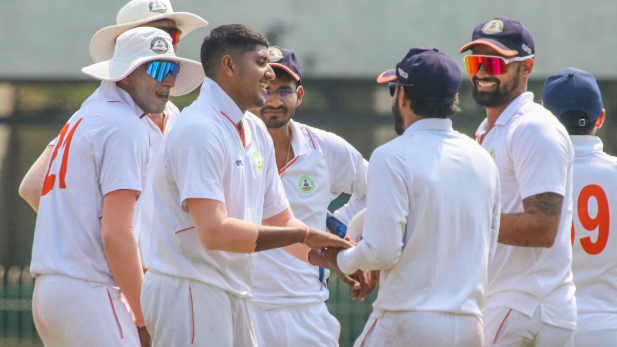 Nagpur: Vidarbha's bowler Yash thakur celebrates with teammates after taking the wicket of Haryana captain Ashik Menaria during the third day of their Ranji Trophy match at the VCA Stadium in Nagpur. PTI Nagpur: Vidarbha's bowler Yash thakur celebrates with teammates after taking the wicket of Haryana captain Ashik Menaria during the third day of their Ranji Trophy match at the VCA Stadium in Nagpur. PTI