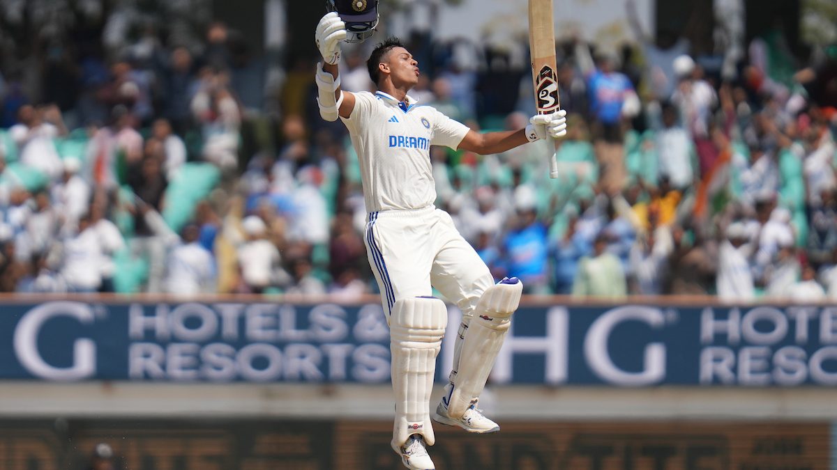 Yashasvi Jaiswal celebrates his double century during the fourth day of the 3rd Test match between India and England in Rajkot. Image: Sportzpics Yashasvi Jaiswal celebrates his double century during the fourth day of the 3rd Test match between India and England in Rajkot. Image: Sportzpics