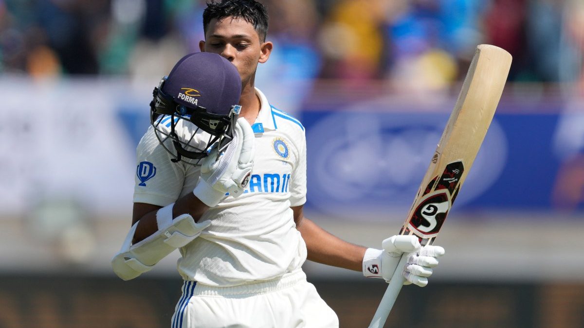 India's Yashasvi Jaiswal celebrates his double century in the third Test vs England. AP India's Yashasvi Jaiswal celebrates his double century in the third Test vs England. AP