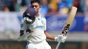 India's Yashasvi Jaiswal celebrates his double century in the third Test vs England. AP