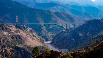 Chenab rail bridge, world's highest railway bridge, over the Chenab river in Reasi district, is part of Indian railways' Udhampur-Srinagar-Baramulla Railway Link (USBRL) project. PM Narendra Modi is in Jammu for its inauguration. File photo/PTI