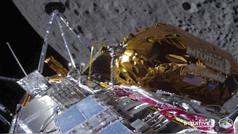 Intuitive Machines' Odysseus lunar lander over the near side of the Moon following lunar orbit insertion. AP