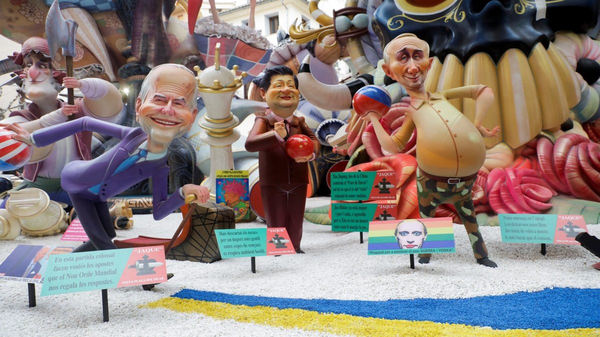 Representational figures depicting US President Joe Biden, Russian President Vladimir Putin and Chinese President Xi Jinping playing a game of bowling with Ukraine. Image: REUTERS/Eva Manez Representational figures depicting US President Joe Biden, Russian President Vladimir Putin and Chinese President Xi Jinping playing a game of bowling with Ukraine. Image: REUTERS/Eva Manez