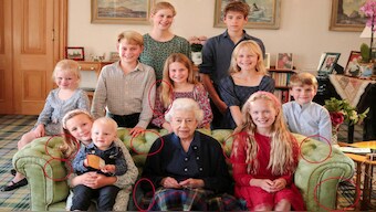 A family portrait of Britain's late Queen Elizabeth II with some of her grandchildren and great grandchildren, taken at Balmoral Castle, Britain, in this undated handout image issued by Kensington Palace on 21 April 2023, with indications by Reuters of areas which appear to have been digitally altered by the source. Reuters