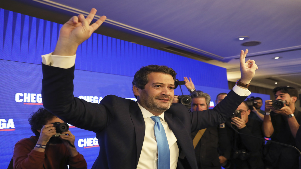 Andre Ventura, leader of populist right wing party Chega, gestures to supporters before addressing them following the announcement of results for Portugal's general election in Lisbon, 11 March 2024. AP Andre Ventura, leader of populist right wing party Chega, gestures to supporters before addressing them following the announcement of results for Portugal's general election in Lisbon, 11 March 2024. AP