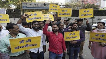 Supporters of the Aam Aadmi Party shout protest slogans outside the office of the Bharatiya Janata Party in New Delhi, India, 22 March 2024. AP File Photo