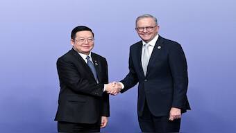 Australia's Prime Minister Anthony Albanese greets Secretary-General of ASEAN, Dr Kao Kim Hourn at the ASEAN-Australia Special Summit, in Melbourne, Australia. Reuters