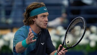 Andrey Rublev talks to the chair umpire during his semi-final clash against Alexander Bublik in the ATP Dubai Tennis Championships. AP