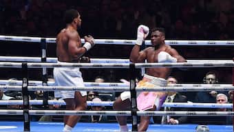 MMA star Francis Ngannou falls to the mat during his heavyweight clash against two-time world champion Anthony Joshua in Riyadh. AP