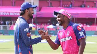 KL Rahul (c) of Lucknow Super Giants  and Rajasthan Royals skipper Sanju Samson share a smile ahead of their IPL 2024 clash in Jaipur. Sportzpics 