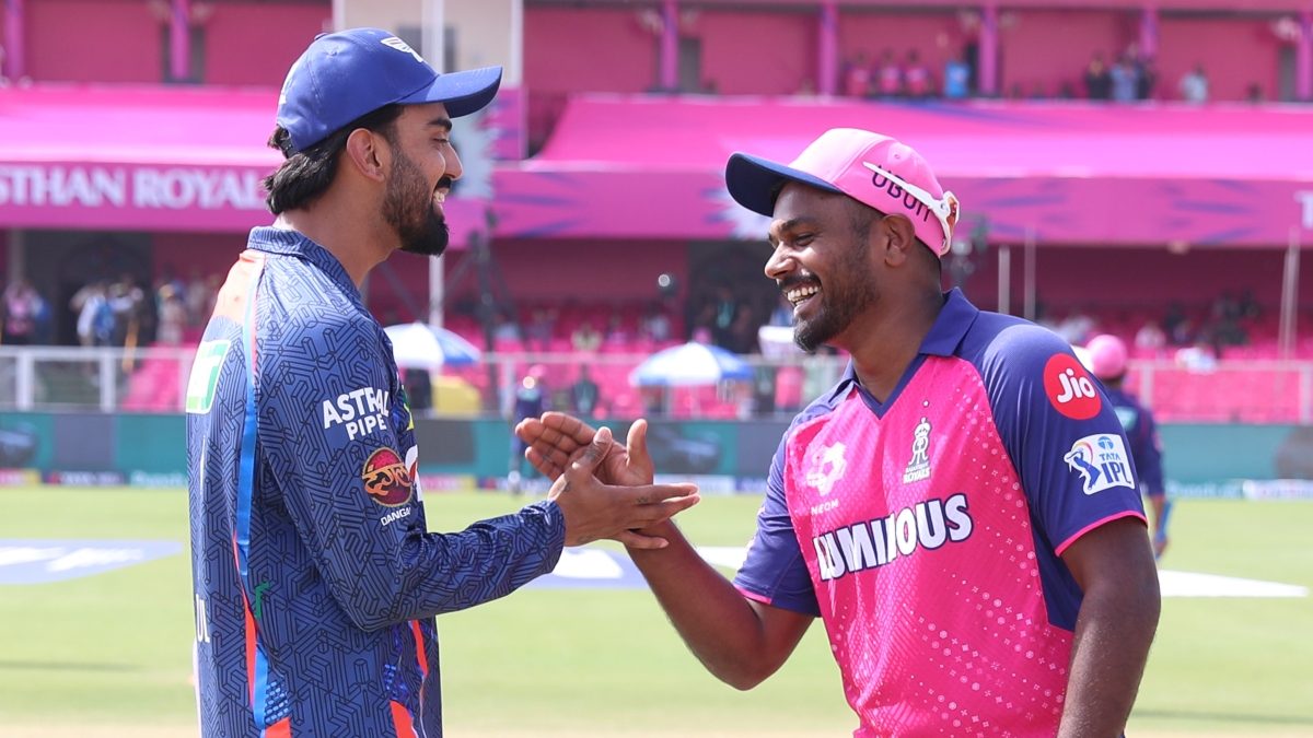 KL Rahul (c) of Lucknow Super Giants and Rajasthan Royals skipper Sanju Samson share a smile ahead of their IPL 2024 clash in Jaipur. Sportzpics KL Rahul (c) of Lucknow Super Giants and Rajasthan Royals skipper Sanju Samson share a smile ahead of their IPL 2024 clash in Jaipur. Sportzpics
