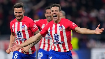 Atletico Madrid players celebrate after beating Inter Milan on penalties in their UEFA Champions League last-16 clash. AP