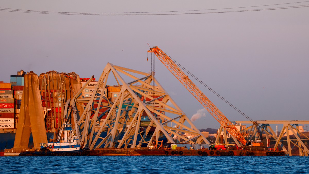 Cranes stand by as the wreckage of the Francis Scott Key Bridge rests on the container ship Dali, in Baltimore. AP Cranes stand by as the wreckage of the Francis Scott Key Bridge rests on the container ship Dali, in Baltimore. AP