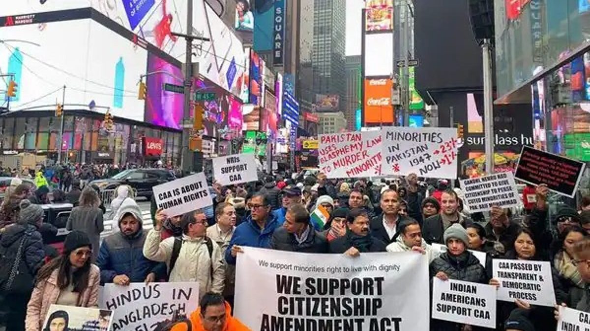 People gather at Times Square in support of the Citizenship Amendment Act in New York. Image courtesy: PTI People gather at Times Square in support of the Citizenship Amendment Act in New York. Image courtesy: PTI