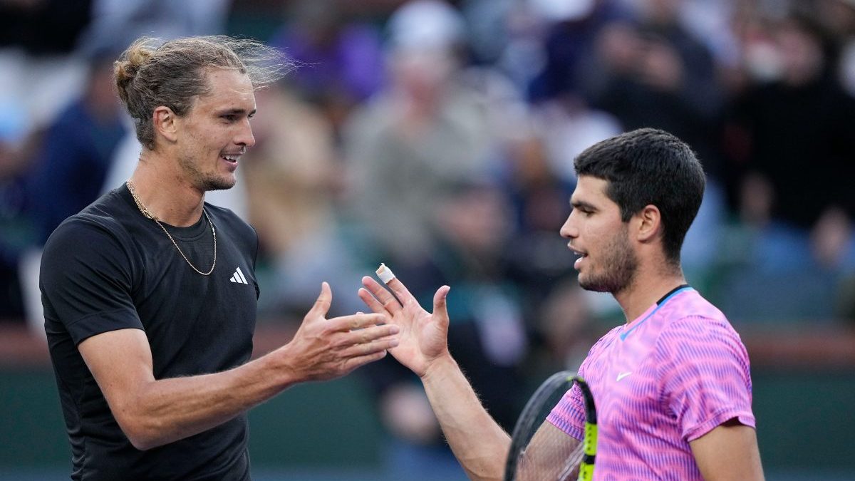 Carlos Alcaraz, of Spain, right, shakes hands with Alexander Zverev, of Germany, after a quarterfinal match, won by Alcaraz, at the BNP Paribas Open tennis tournament. AP Carlos Alcaraz, of Spain, right, shakes hands with Alexander Zverev, of Germany, after a quarterfinal match, won by Alcaraz, at the BNP Paribas Open tennis tournament. AP