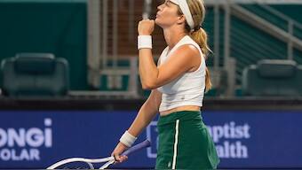Danielle Collins celebrates during her match against Ekaterina Alexandrova during the Miami Open. AP