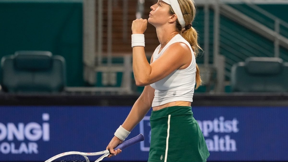 Danielle Collins celebrates during her match against Ekaterina Alexandrova during the Miami Open. AP Danielle Collins celebrates during her match against Ekaterina Alexandrova during the Miami Open. AP