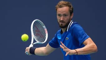 Daniil Medvedev returns a ball to Dominik Koepfer at the Miami Open. AP