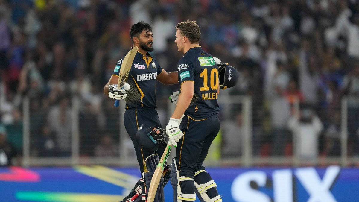 Vijay Shankar and David Miller celebrate after the latter hit the winning six to help Gujarat Titans defeat Sunrisers Hyderabad by seven wickets. AP Vijay Shankar and David Miller celebrate after the latter hit the winning six to help Gujarat Titans defeat Sunrisers Hyderabad by seven wickets. AP