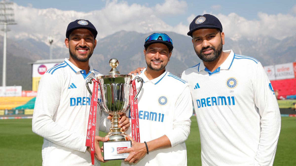 Dhruv Jurel, Kuldeep Yadav and skipper Rohit Sharma pose with the Anthony D'Mello Trophy following India's 4-1 series win over England. Sportzpics Dhruv Jurel, Kuldeep Yadav and skipper Rohit Sharma pose with the Anthony D'Mello Trophy following India's 4-1 series win over England. Sportzpics