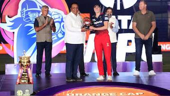 Ellyse Perry of Royal Challengers Bangalore receives the Orange Cap during after WPL 2024 final. BCCI image