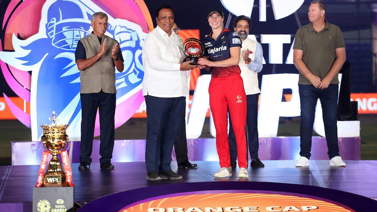 Ellyse Perry of Royal Challengers Bangalore receives the Orange Cap during after WPL 2024 final. BCCI image Ellyse Perry of Royal Challengers Bangalore receives the Orange Cap during after WPL 2024 final. BCCI image