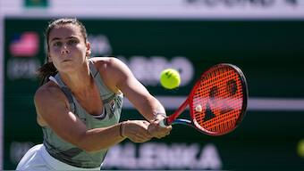 Emma Navarro in action during her Indian Wells Open last-16 clash against Aryna Sabalenka. AP