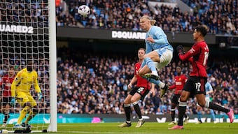 Erling Haaland missed from two yards out for Manchester City against Manchester United in the Premier League. AP
