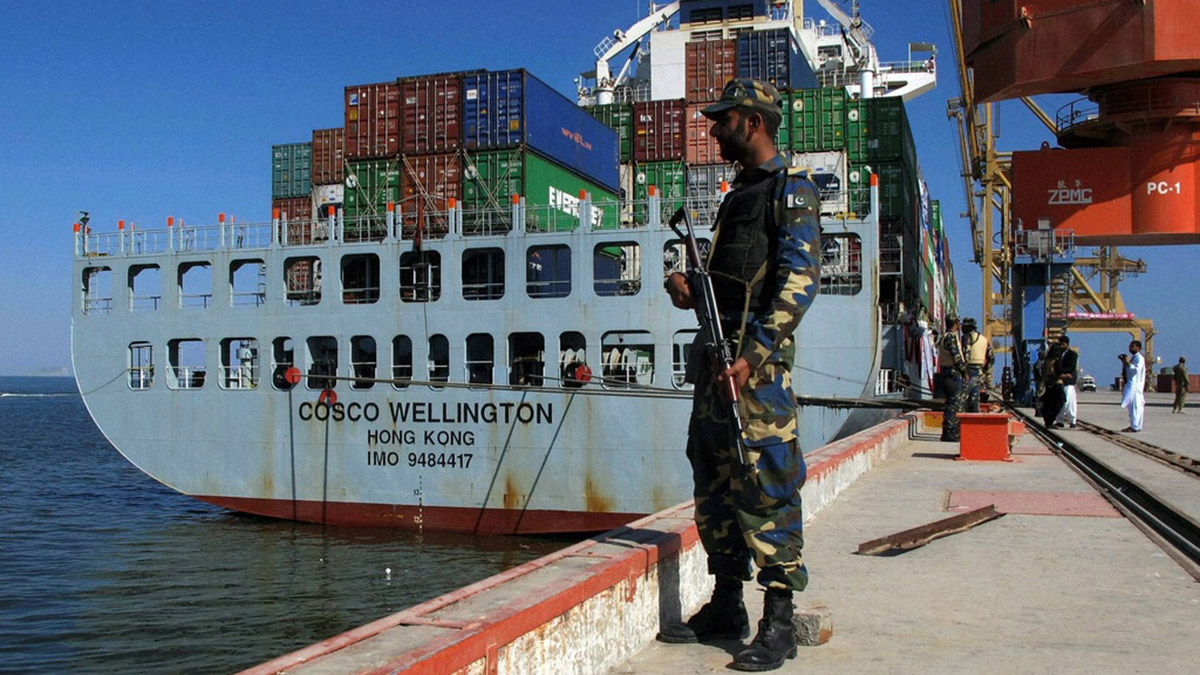 (File) A Pakistan Navy soldier stands guard while a loaded Chinese ship is readied for departure prior to a ceremony at Gwadar port, about 435 miles, 700 km, west of Karachi. on 13 November, 2016. AP (File) A Pakistan Navy soldier stands guard while a loaded Chinese ship is readied for departure prior to a ceremony at Gwadar port, about 435 miles, 700 km, west of Karachi. on 13 November, 2016. AP