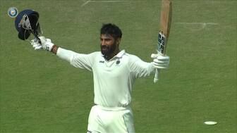 Madhya Pradesh's Himanshu Mantri celebrates after completing his century against Vidarbha in the Ranji Trophy semi-finals. Image credit: X/@BCCIdomestic