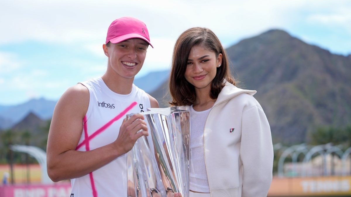 Iga Swiatek, of Poland, left, holds the trophy alongside actress Zendaya after defeating Maria Sakkari, of Greece, in the final match at the BNP Paribas Open tennis tournament. AP Iga Swiatek, of Poland, left, holds the trophy alongside actress Zendaya after defeating Maria Sakkari, of Greece, in the final match at the BNP Paribas Open tennis tournament. AP