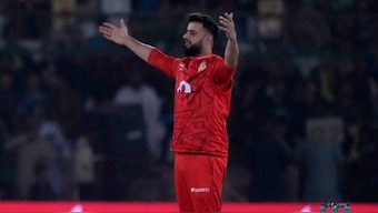 Islamabad United' Imad Wasim celebrates after taking wicket during the final of Pakistan Super League 2024. AP